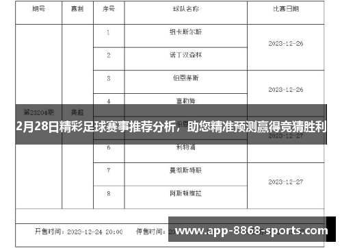 2月28日精彩足球赛事推荐分析，助您精准预测赢得竞猜胜利